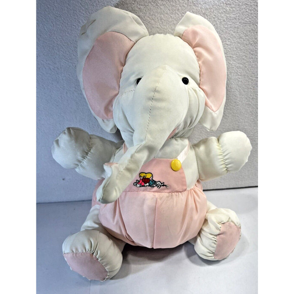 VINTAGE NYLON WHITE/PINK BABY ELEPHANT HEART PATCH STUFFED ANIMAL PLUSH TOY 14"‎ - Picture 1 of 6